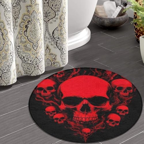Soft Round Yoga Carpet, Office Chair Decor Round Mat for Carpet and Hardwood Floors Cool Red Skulls
