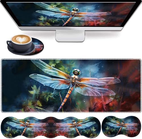 4 in 1 Mouse Pad Combo, Large Gaming Mouse Pad + Keyboard Wrist Support + Mouse Wrist Rest + Coaster, Table Pad with Stitched Edge Ergonomic Wrist Pad Set, Art Dragonfly