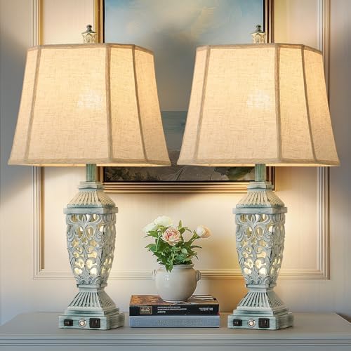 AIDENOEY Farmhouses Table Lamp with USB & USB-C Charging Ports, 3-Color Dimmable & Stepless Bottom Dimming, Touch Control & Switch, Vintage Bedside Lamp for Bedroom Living Room Office,(27.5" high)