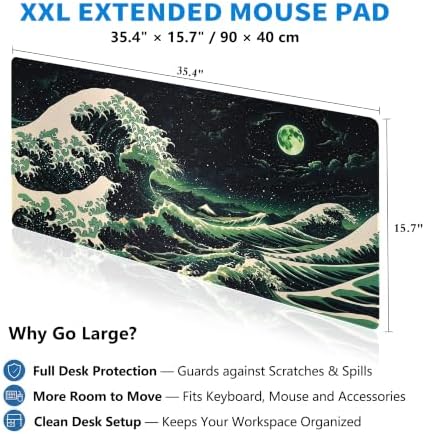 Extended Japanese Great Wave Desk Mat, XXL Large Gaming Mouse Pad, Moonlit Ocean Stitched Edges Waterproof with Non-Slip Rubber Base for Computer Keyboard Laptop Work Home Office 35.4"x15.7"