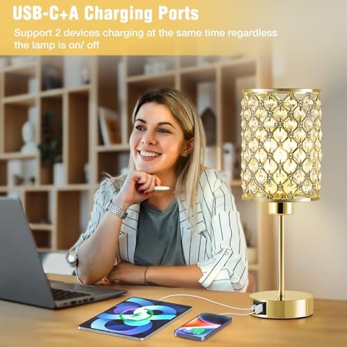 Crystal Table Lamp, Gold Touch Lamp with USB C+A Port, 3-Way Dimmable