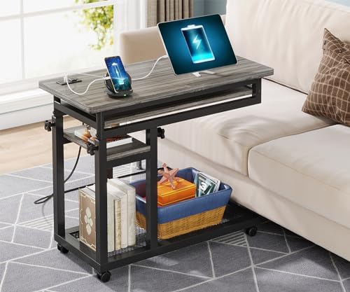 Tribesigns Small Portable Desk with Power Outlet, Height Adjustable Sofa Couch Bedside Laptop Table with Wheels, Mobile Standing Desk Rolling Computer Cart C Side Table with USB Ports