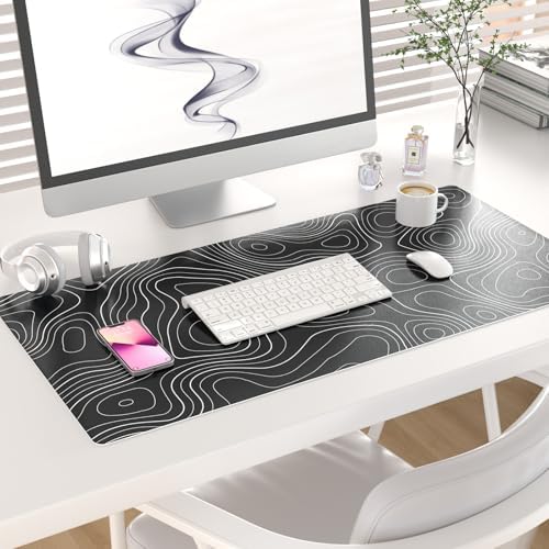 Faux Leather Large Mouse Pad, Office Desk Mat, 31.5"x15.7", Topography Map