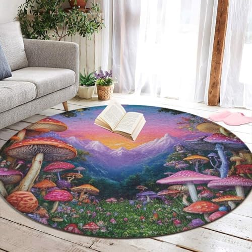 Home Decor Non Slip Kitchen Office Circle Rug, Machine Washable Modern Round Area Rug, Room Sofa Yoga Soft Round Carpet Trippy Mushrooms Art, 36inch