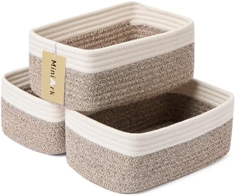 MiniArk Small Storage Baskets for Organizing | Closet Organizer Bins | Shelf Toy Basket | Woven Rope Baskets | Cube Decorative Box | Shallow Basket | 11.5x7.5x4.7” | 3 Packs White Brown