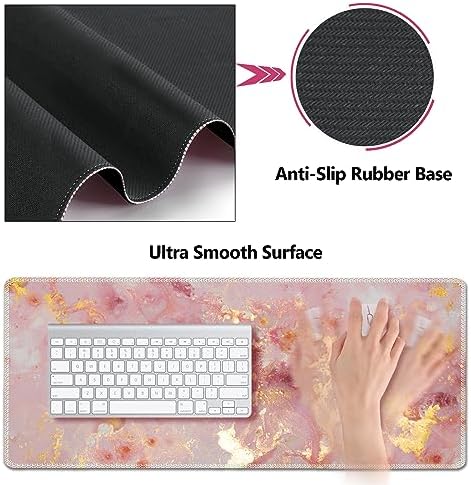AIMSA Keyboard Mouse Pad Set, Large Gaming Mouse Pad +Wrist Rest Mouse Pad +Keyboard Wrist Support +Coaster, 35x15.7 inch Extended Desk Mat for Easy Typing Pain Relief (Pink Gilt Marble)