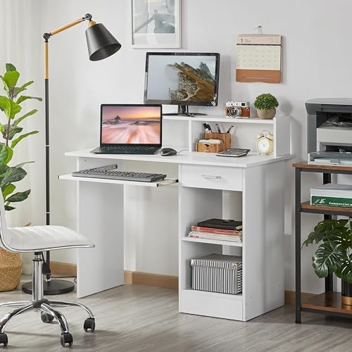 Yaheetech Computer Desk with Keyboard Tray, Drawers, and Shelves, White