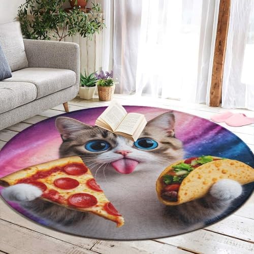 Soft Round Yoga Carpet, Office Chair Decor Round Mat for Carpet and Hardwood Floors Funny Cute Galaxy Cat Taco Pizza