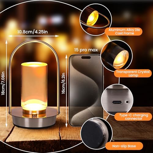 Portable Crystal Lantern Table Lamp Outdoor Indoor,4000mAh Cordless Small LED Desk Lamp Rechargeable,3-Color Dimmable Waterproof Shower Lamp for Shower Patio Bar Camping(Silver)