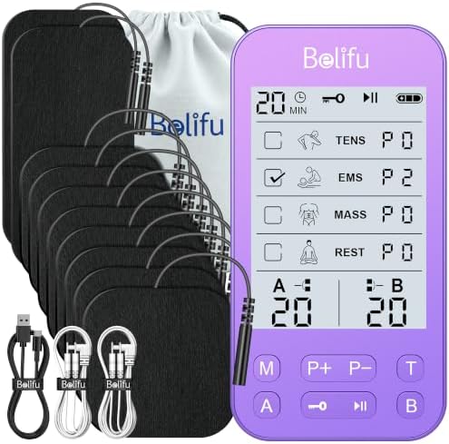 Belifu TENS Muscle Stimulator Unit for Pain Relief, Electronic Pulse Therapy Machine with 36 Mode 20 Intensities, Rechargeable & Portable – Neck, Back, Shoulder, Joint Pain Relief, Color Purple