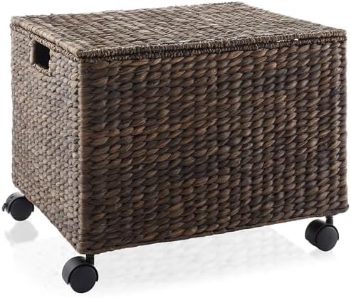 Casafield Rolling Filing Cabinet, Espresso Dark Brown - Water Hyacinth File Organizer with Lid and Wheels, Home Office Storage for Hanging Folders