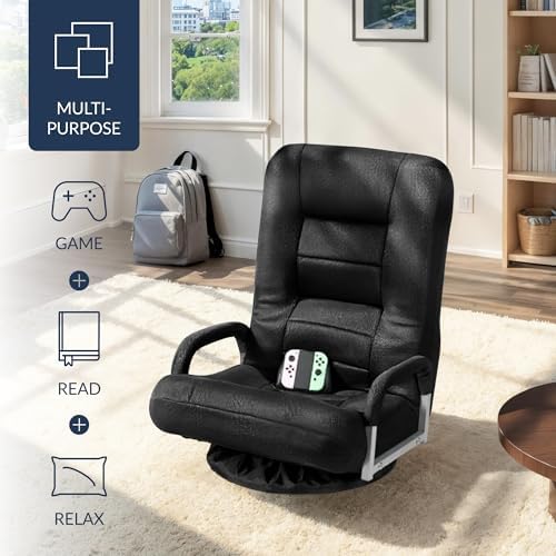 Best Choice Products Swivel Gaming Chair 360 Degree Multipurpose Floor Chair Rocker for TV, Reading, Playing Video Games w/Lumbar Support, Armrest Handles, Adjustable Foldable Backrest - Black/Black