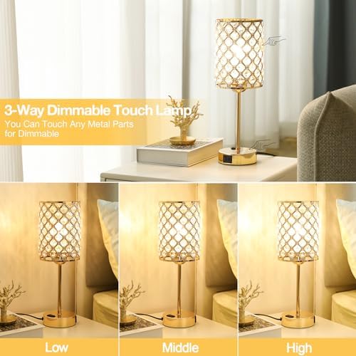 Hong-in Gold Lamps for Night Stands, Crystal Table Lamp with Touch Control