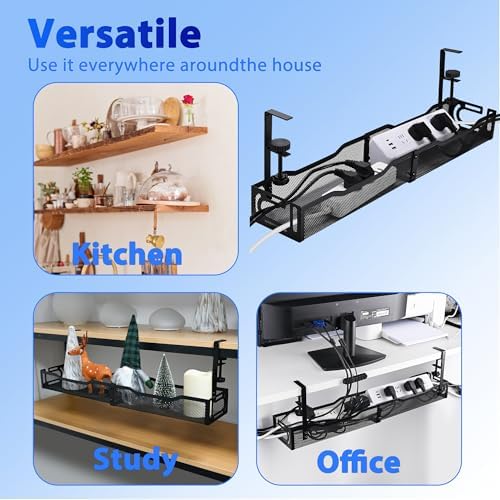 Under Desk Cable Management Tray 25.3 Inch, Clamp-On Cable Organizer Box for Standing Desks, No Drill Cord Management Under Desk, Large Desk Wire Organizer for Office & Home, Black