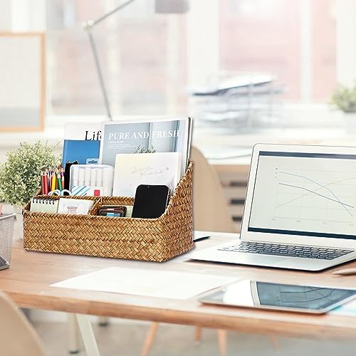 BTSKY Woven Storage Basket, Seagrass Desk Organizer with 4 Compartments