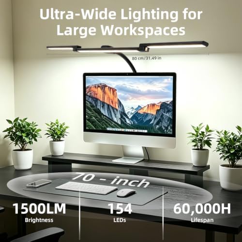 LED Desk Lamp with Clamp for Home Office, Wide Light for Dual Monitors