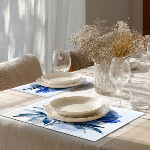Shrahala Indigo Blue Hand Floral Bouquet Set of 8 12 X 18 Inch Linen Placemats, Watercolor White Flowers Burlap Table Mat Washable Double Layered Heat Insulation for Indoor/Outdoor