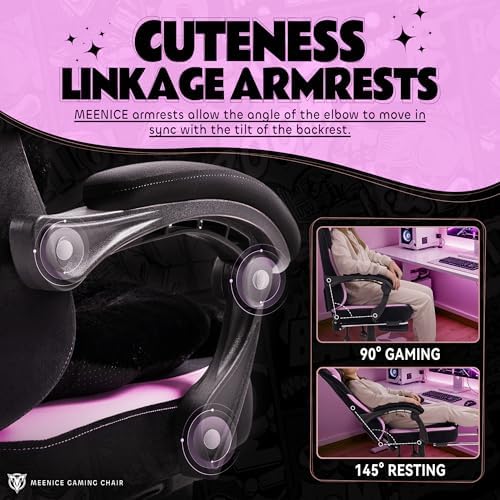 Pink Gaming Chair Cute with Cat Ears Paw Lumbar and Cushion,Ergonomic Computer Chair with Footrest,Reclining PC Game Chair for Girl Computer Chair 300lbs for Adult, Black and Purple