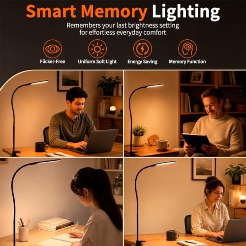 Long Gooseneck LED Clamp Desk Lamp, Eye-Caring Reading Light
