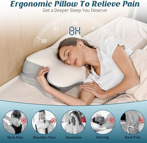 Cervical Neck Pillow for Pain Relief, Ergonomic Side Sleeper Pillow for Sleeping, Contour Orthopedic Memory Foam Pillows for Back & Stomach Sleepers with Pillowcase (Light Grey)