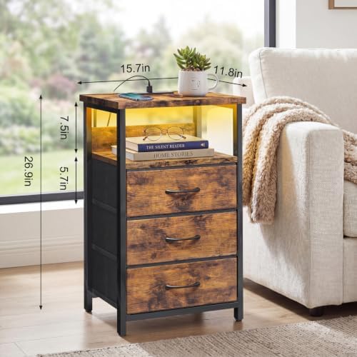 Fixwal Night Stand with 3 Fabric Drawers, Nightstand with Charging Station