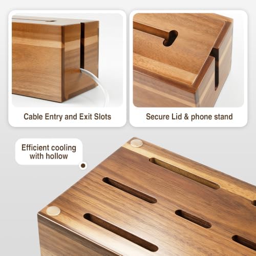 Acacia Cable Management Box, Cord Hider Organizer with Phone Stand, 12" L Cord Box for Power Strip, TV Wires & Desk Cable Storage, Office Under Desk Cable Storage Box for Wire