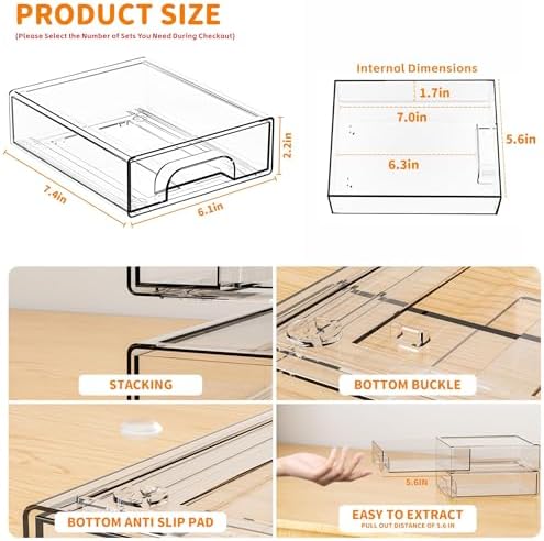 Yieach 2.2'' High Small Clear Stackable Storage Drawers,4 Pack Desk Organization and Storage Bins,Plastic Office Supply Organizer,Acrylic Drawer Storage Organizer for Makeup,Accessory,Pen,Art Crafts