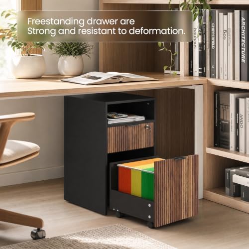 CHOEZON 2 Drawers File Cabinet with Open Storage, Black and Dark Walnut