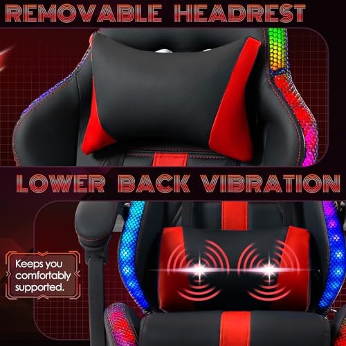 ECOTOUGE Gaming Chair with Footrest, Lumbar Massage & RGB LED Lights, Red