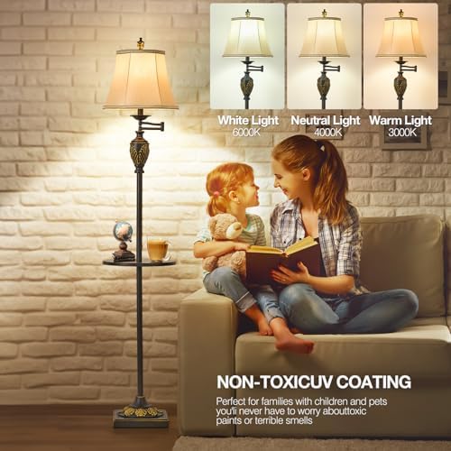 Traditional Floor Lamp with Tray, Remote Dimmable, 350°Swing Arm,Black Gold