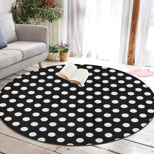 Large Home Decor Mat, Soft Round Yoga Carpet, Non-Slip Machine Washable Home Office Circle Rug Compatible with White Black Polka Dots