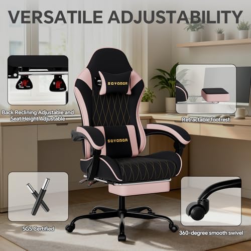 Breathable Fabric Gaming Chair with Footrest, Ergonomic High Back Computer Chair with Gold Diamond Stitching, Height Adjustable Swivel Office Chair with Lumbar Support for Adults,Blackpink