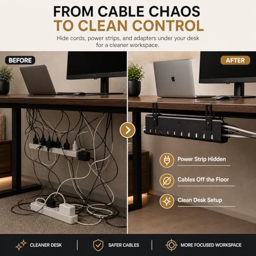 Under Desk Cable Management Tray 2 Pack, Premium Steel Cable Organizer, Clamp or Screw Mount Installation, No Drill Clamp Option, Cord Management System for Home Office Desks, Black
