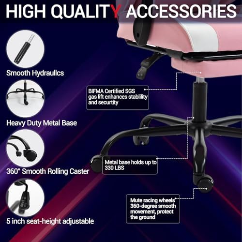 Gaming Chair with Footrest for Adults, PU Leather Video Game Chair with Massage Lumbar Support for Men Women, Ergonomic Computer Gamer Chair for Home Office, Height Adjustable, Pink