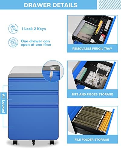 Dripex 3 Drawer Metal Rolling File Cabinet Under Desk Filing Cabinet Blue