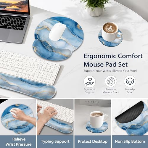 Marble Ergonomic Memory Foam Wrist Rest Set for Keyboard and Mouse,Blue Gold Flowing Marble Supportive Mouse Pad with Non Slip Base for Office Work and Gaming