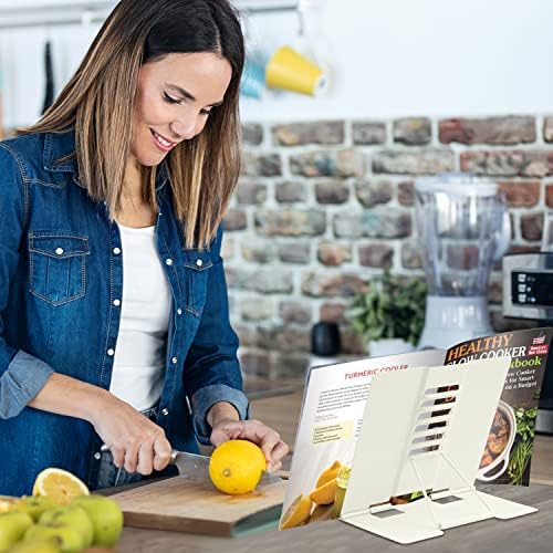 Honagu Book Stand Metal Desk Book Holder, Book Holders for Reading Hands Free, Adjustable Cookbook Documents Holder, Portable Bookstand for Music Books, Textbook, Recipe, Tablet, Ipad (Milky White)