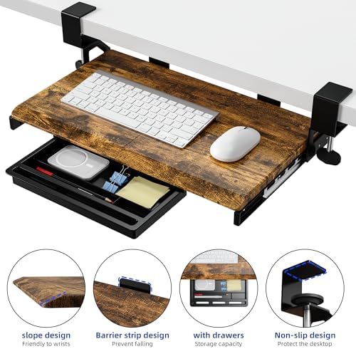 ETHU Small Keyboard Tray Under Desk with Metal Rail, 19.7x11.8", Walnut