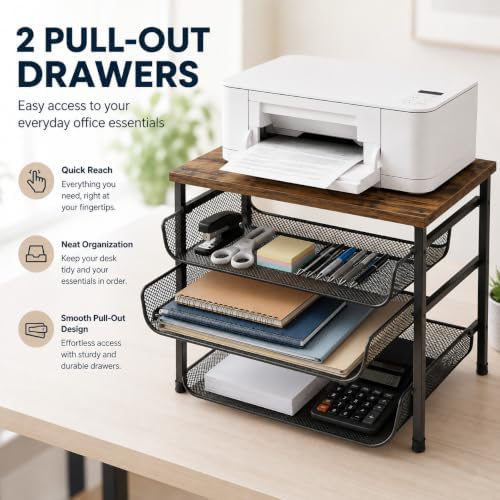 4-Tier Printer Stand with Storage for Desk, Wood Top, Black