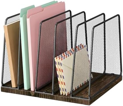 LEKETREE Desk File Organizer, 5-Section Upright File Sorter, Vertical File Folder Holder, Mesh Metal Wood Office Desktop Organization for Document, Magazine, Books and more (Wood and Black)