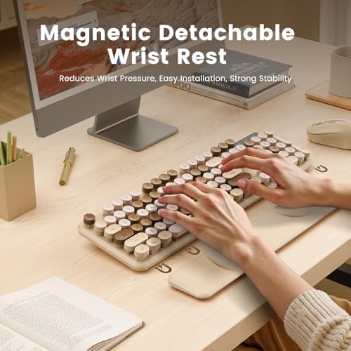 Wireless Keyboard, Round Keycaps, Retro Typewriter Keyboard with Magnetic Wrist Rest, Sleep Mode, Foldable Legs, 2.4GHz Full-Size Cordless Computer Keyboard for Windows PC, Laptop (Beige & Brown)