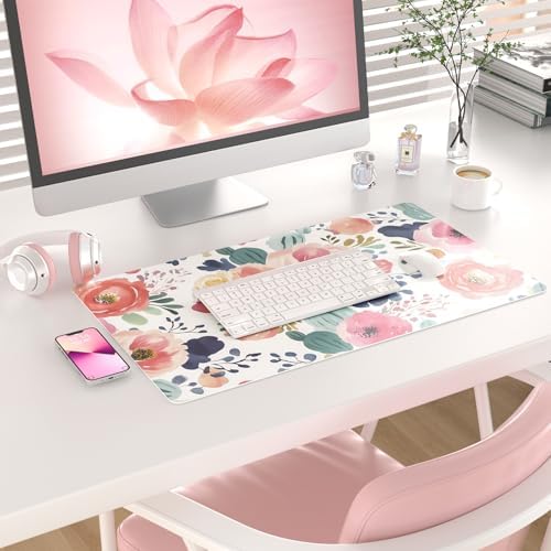 Faux Leather Large Mouse Pad, Office Desk Mat, 23.6"x13.8", Pink Floral