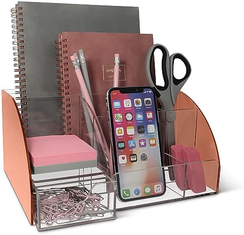 My Space Organizers Rose Gold Desk Organizer, Acrylic, 9 Compartments, Office Supplies Desk Accessories Organizer with Drawer, Pen Holder, Office Decor Desktop Organization (Rose Gold)