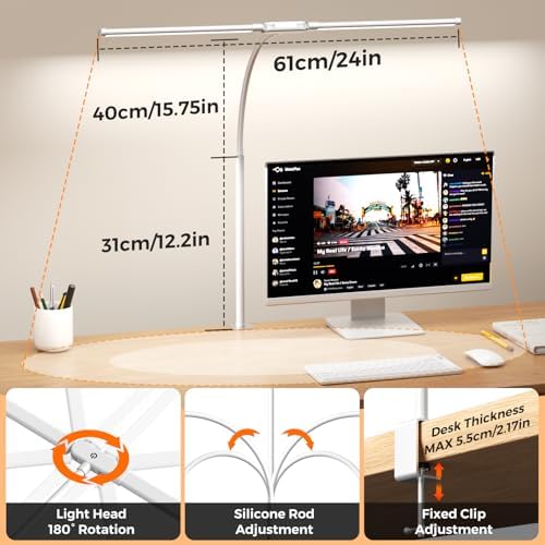 SKYLEO LED Desk Lamp with Clamp - Double Head Desk Light with Remote and Touch - Eye Protection - 12 W, 5 Color Modes, Timer and Memory Function, Flexible Gooseneck - for Office, Reading - White