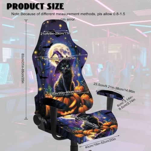Halloween Gaming Chair Protector Slipcover 4-Piece Fits Office/PC Boss Recliners Anti-Scratch Washable with Zipper for Living Room Witch Black Cat Pumpkin