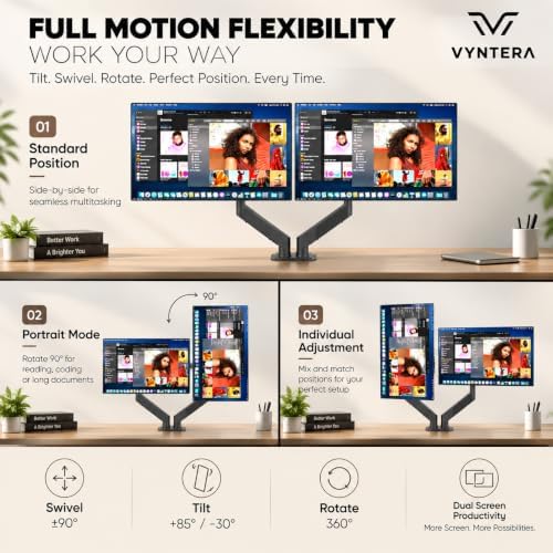Dual Monitor Arm Stand – Adjustable Gas Spring Desk Mount for 2 Computer Screens, Full Motion Monitor Stand with Dual Clamp Base, Landscape & Portrait Rotation, Tilt & Swivel, Cable Management