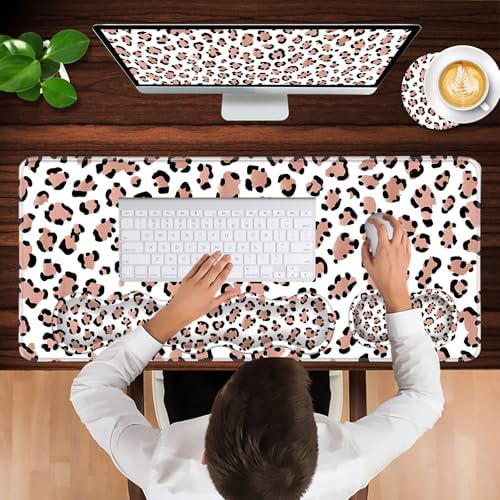Keyboard Wrist Rest and Mouse Pad with Wrist Support Set Ergonomic Coaster,Memory Foam,Easy Typing Pain Relief,Large XL Desk Mat 31.5"x 11.8",Leopard Print