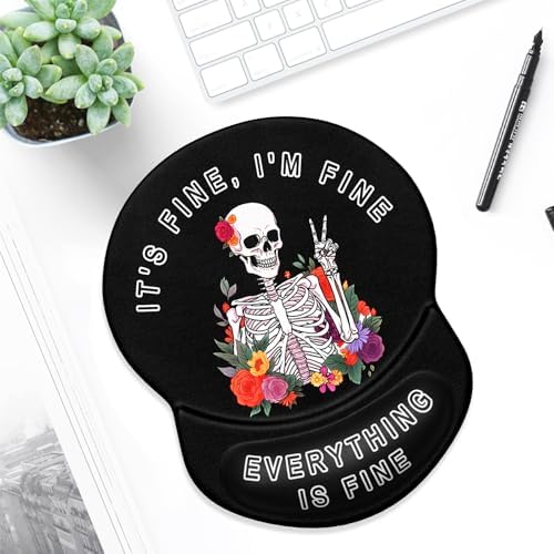 ITNRSIIET Ergonomic Mouse Pad with Gel Wrist Support Small Wrist Rest Smooth Surface Non-Slip PU Base Comfortable Office Supplies Pain Relief, 8.7 x 7.2 inches, Flower Skull