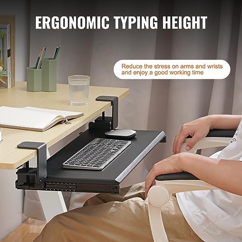 VEVOR Clamp on Keyboard Tray Under Desk, Desk Keyboard Tray Slide Out with Sturdy No-Drill C Clamp Mount, Large 26.8 x 11 inch Slide-Out Computer Drawer for Typing in Home, Office Work