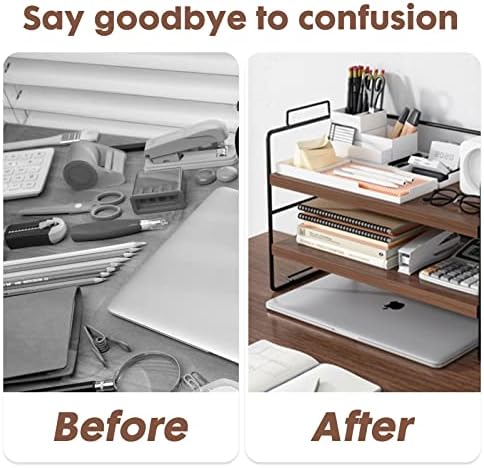 ShellKingdom Desk Shelf Organizer, 2 Tier Desktop Shelves, Adjustable Bookshelf Storage Rack and Office Cubicle Decor for Tabletop, School, Office, Dorm Organization (Black Frame + Wood Board)